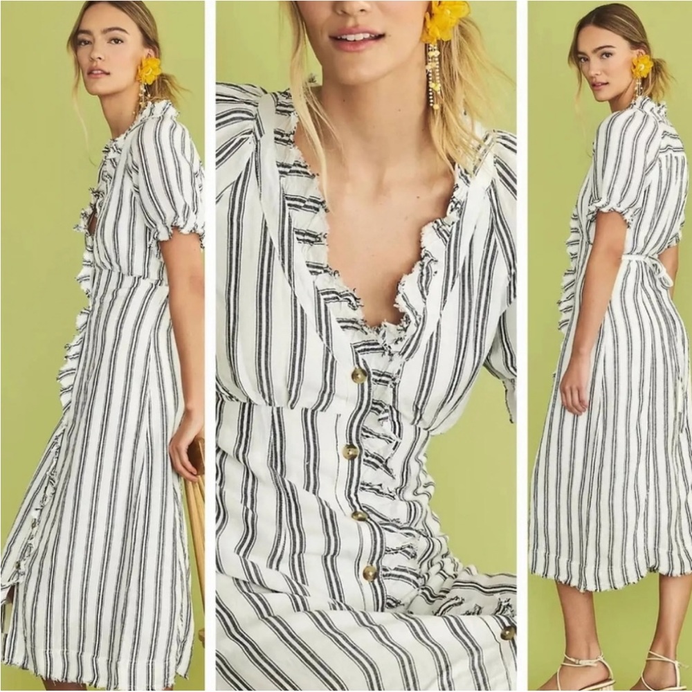 Anthropologie White and Black Striped Ruffle Midi Dress